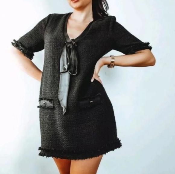 Zara Black Tweed Dress with Satin Bow Size Small Preppy Academia Old Money - Picture 1 of 10